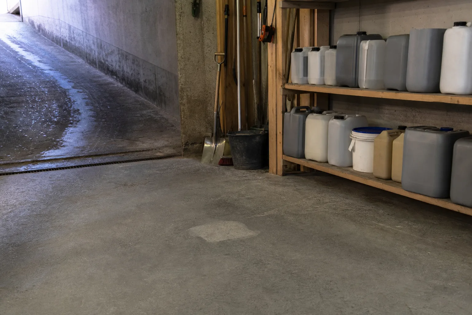 Etikettlösa dunkar på en garagehylla