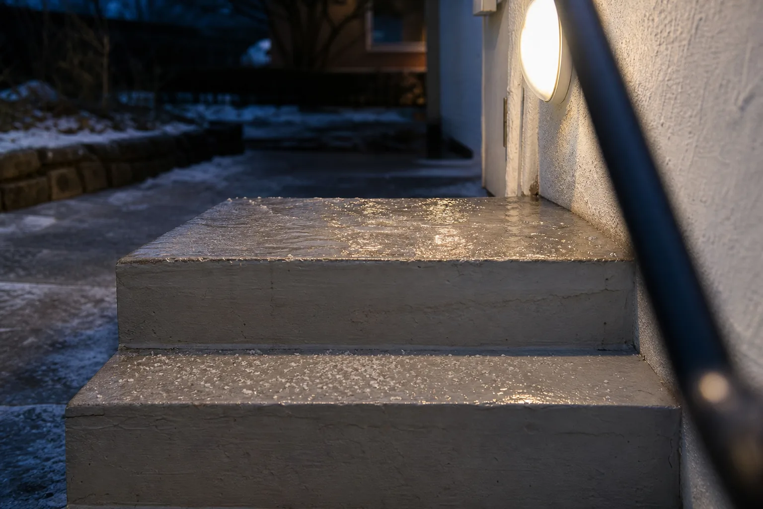 Isbelagd betongtrappa i skymning
