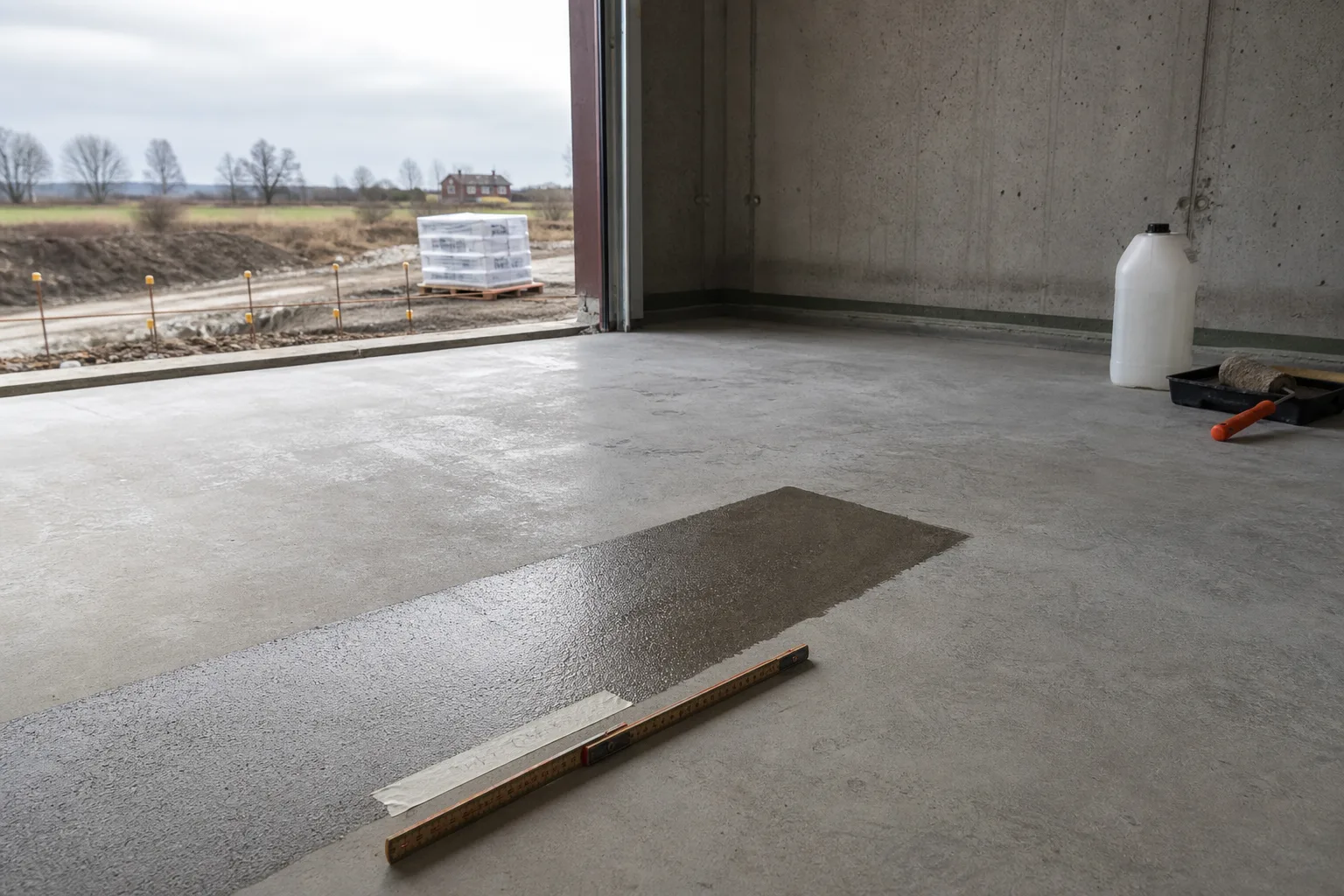Provyta med vattendroppar som står kvar på en impregnerad betongplatta bredvid obehandlad betong