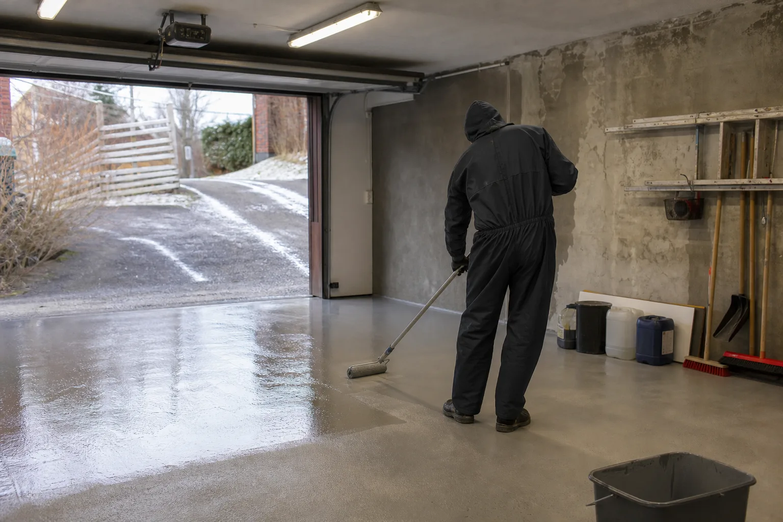 Betonglack rollas ut över ett garagegolv