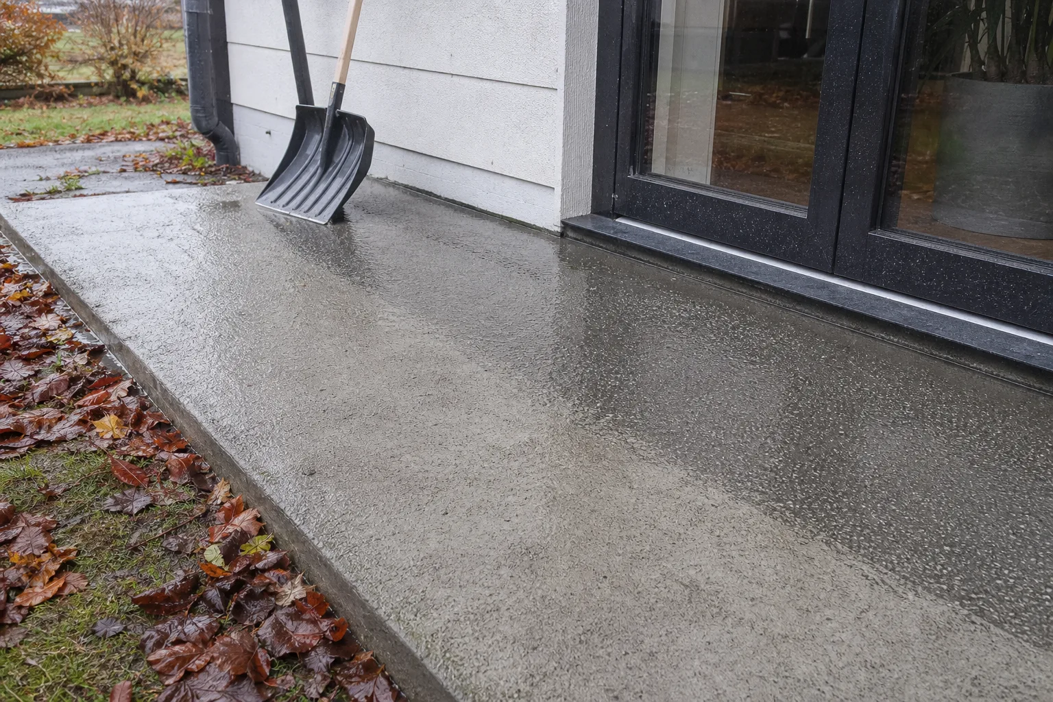 Regn som pärlar sig på förseglad betongplatta utomhus