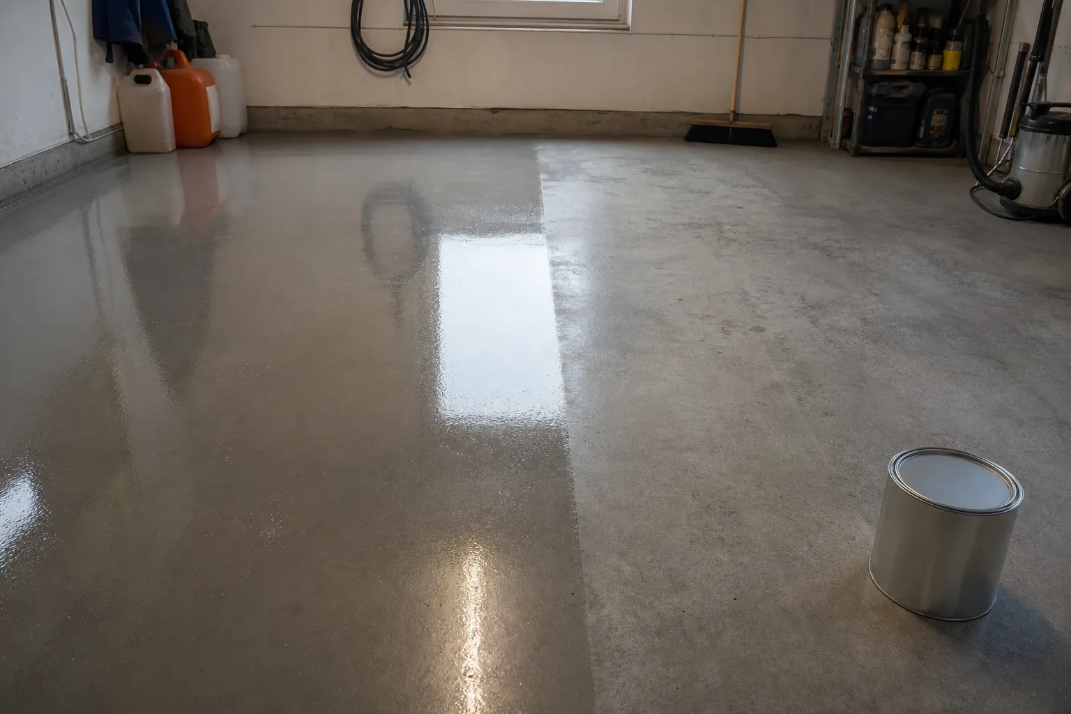 Tejpad plastfolie på ett garagegolv i betong, med en mörkare fläck under folien
