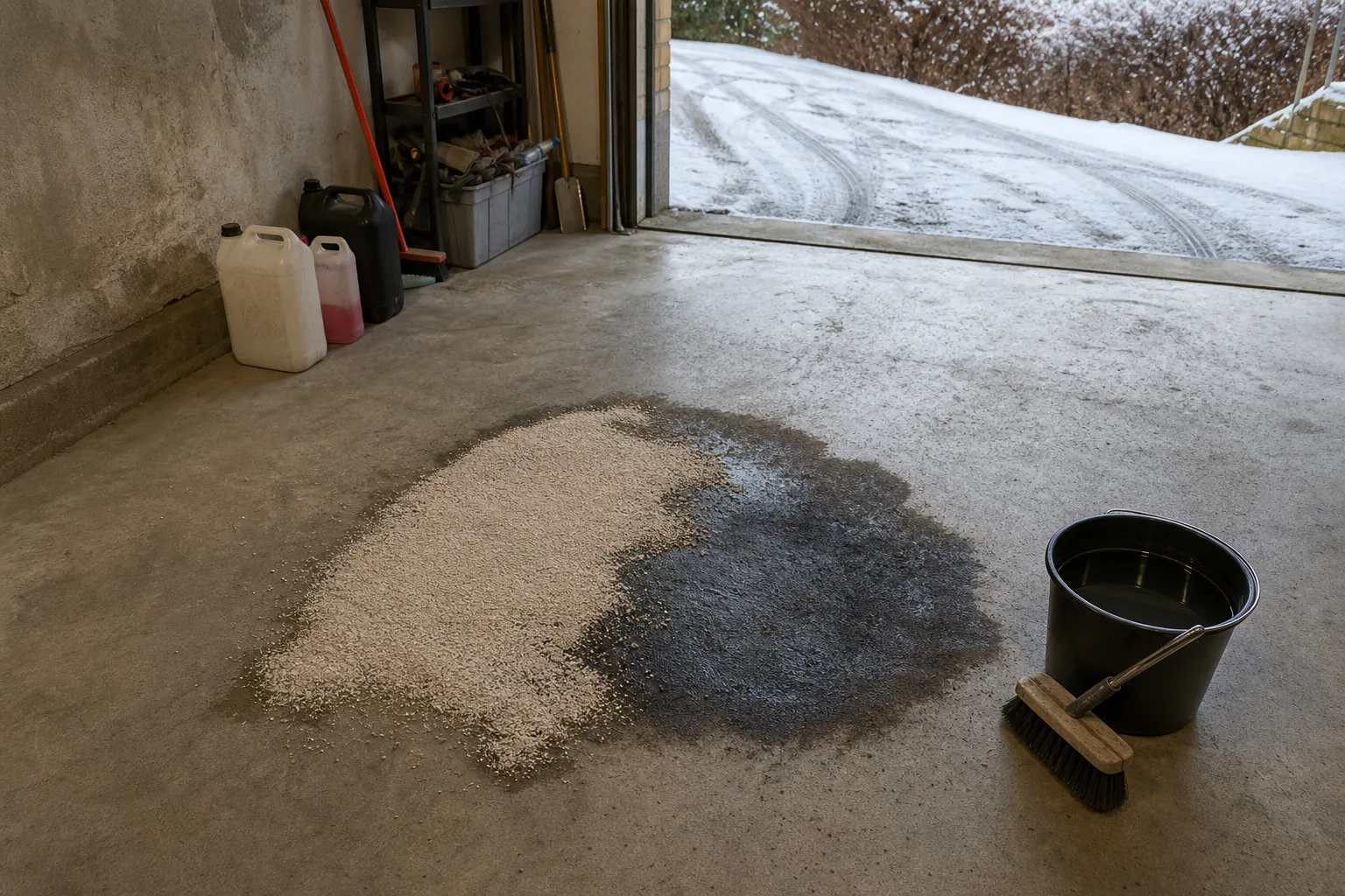 Skurborste och hink med vatten intill en betongyta med en ljus saltutfällning i kanten