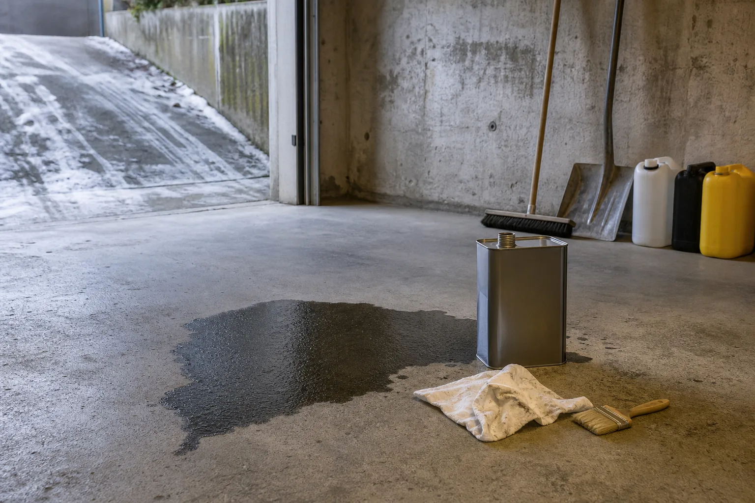 Betongolja som sugs in i ett garagegolv