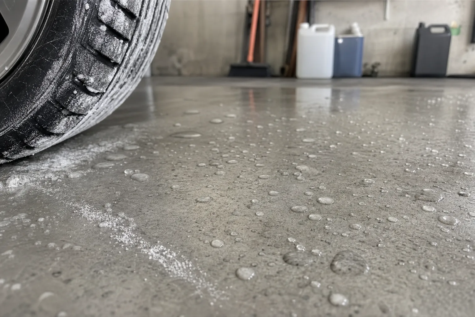 Saltvatten pärlar sig på impregnerat garagegolv