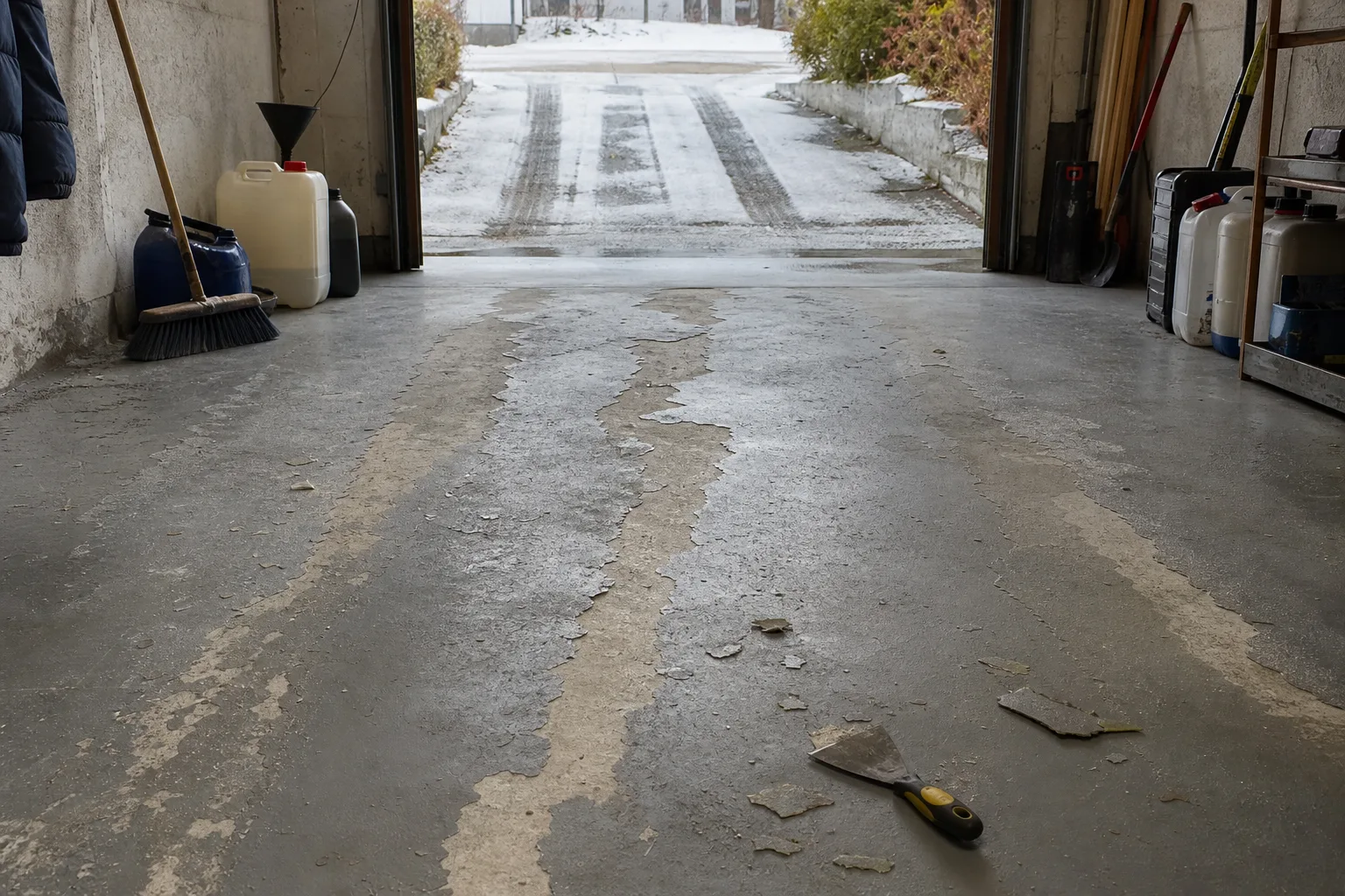 Flagnande golvfärg på ett garagegolv