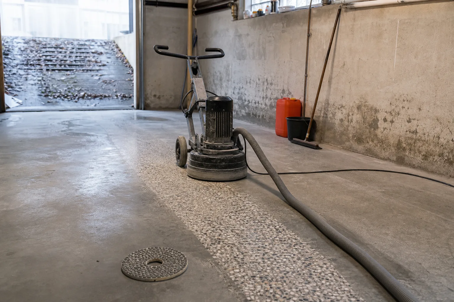 Halvslipat garagegolv med slipmaskin och dammsug
