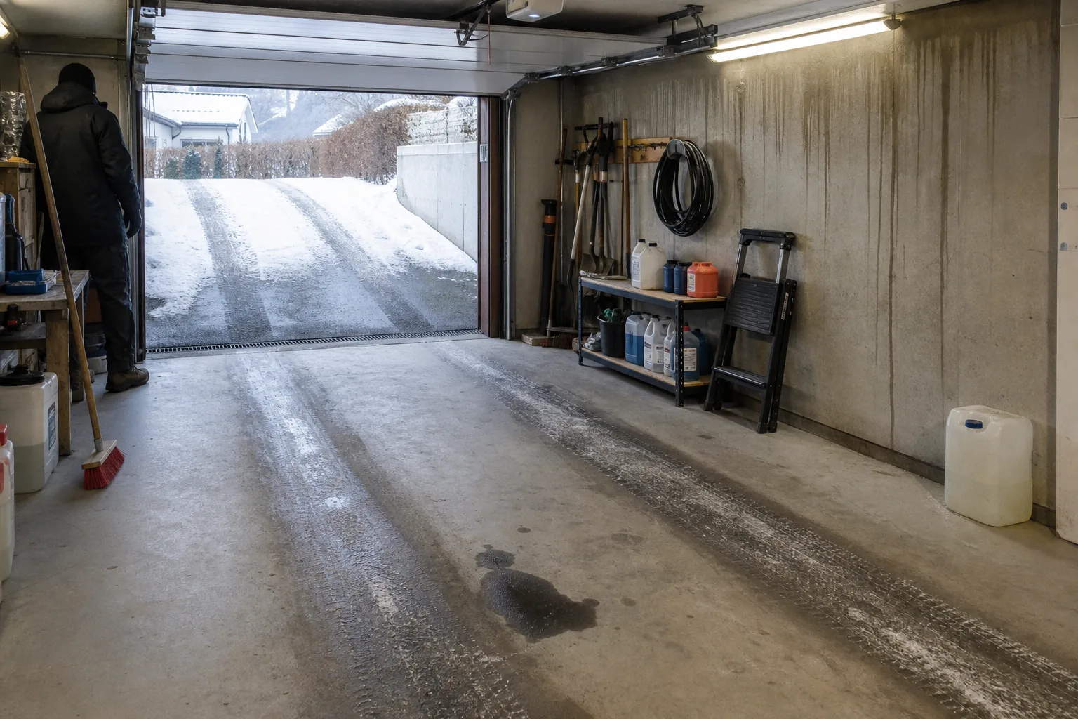 Garagegolv i betong med vita saltränder och en mörk oljefläck där bilen brukar stå