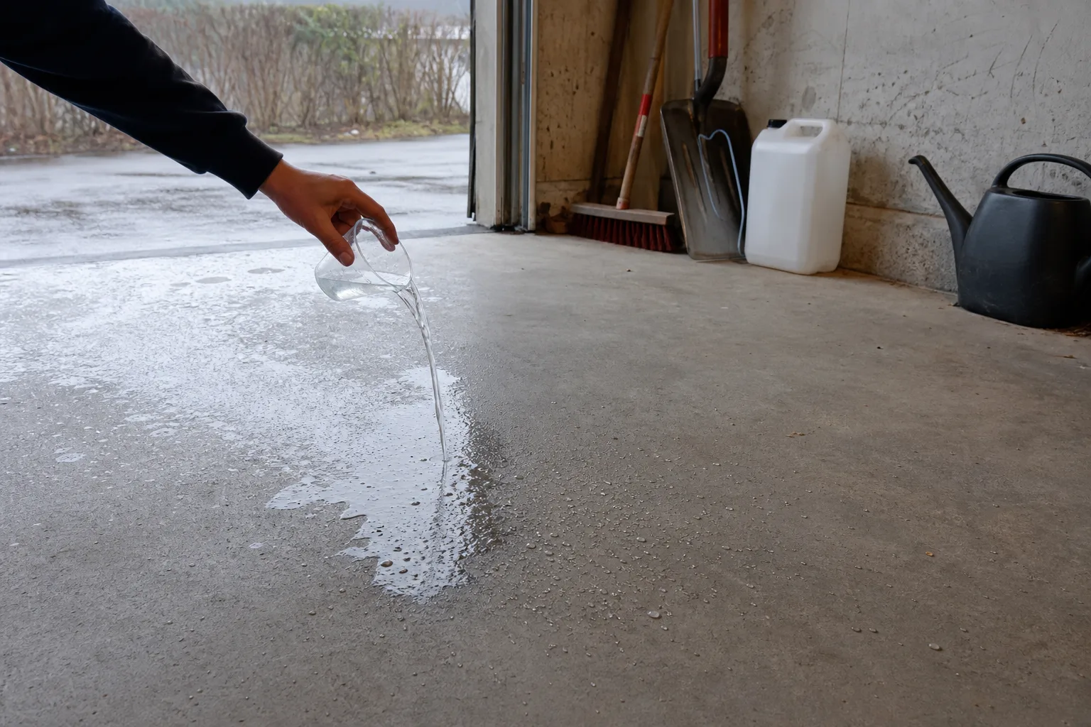 Betonggolv i ett garage med en tejpad plastfolie och en mejsel mot ytan