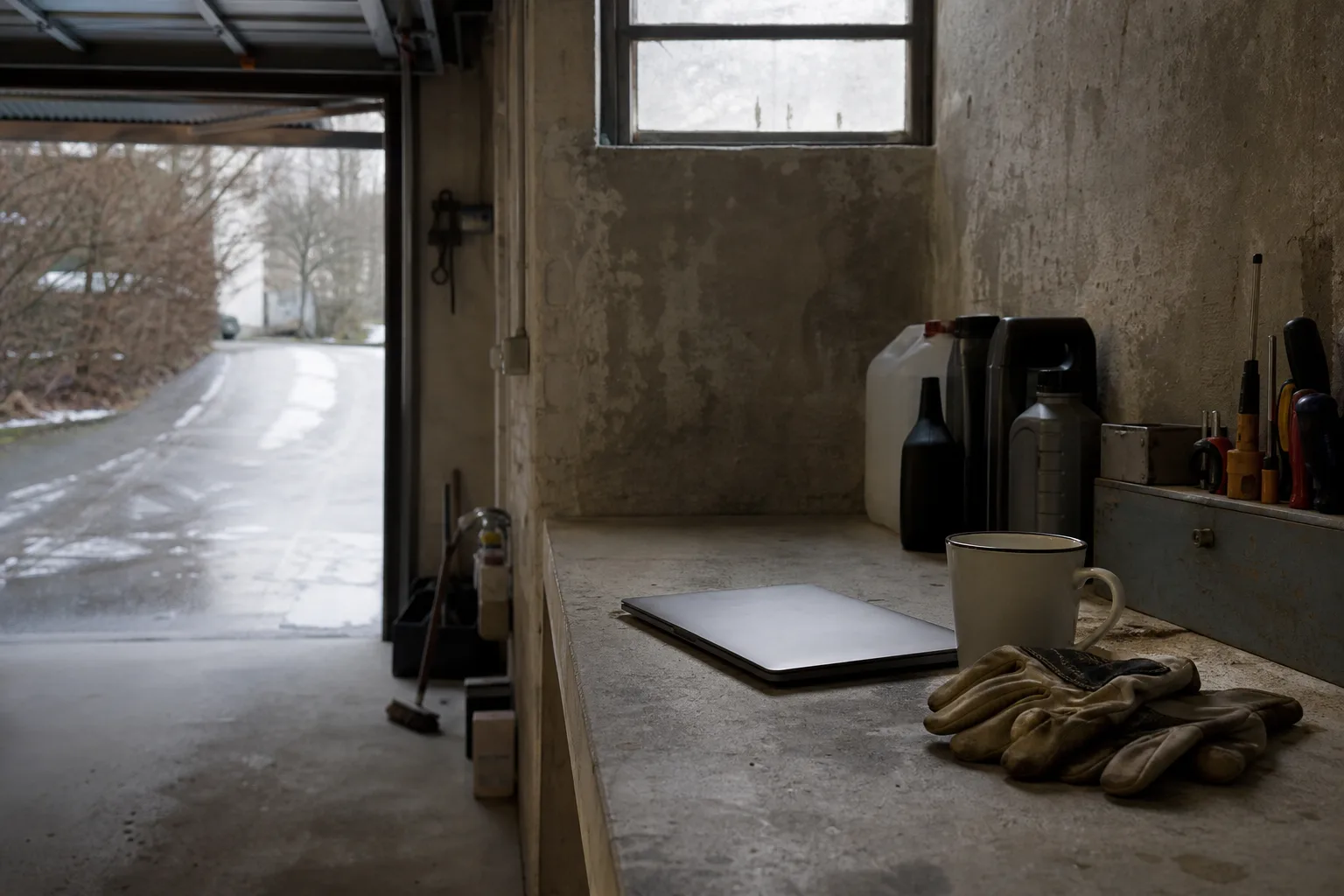 Stängd dator på en betongbänk i garage