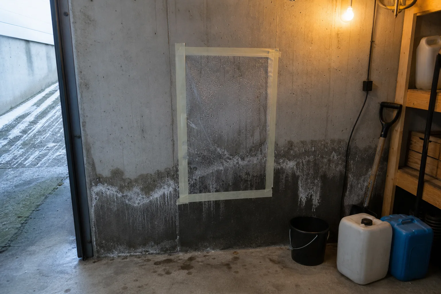 Källarvägg av betong med saltutfällning och flagnande puts nära golvvinkeln