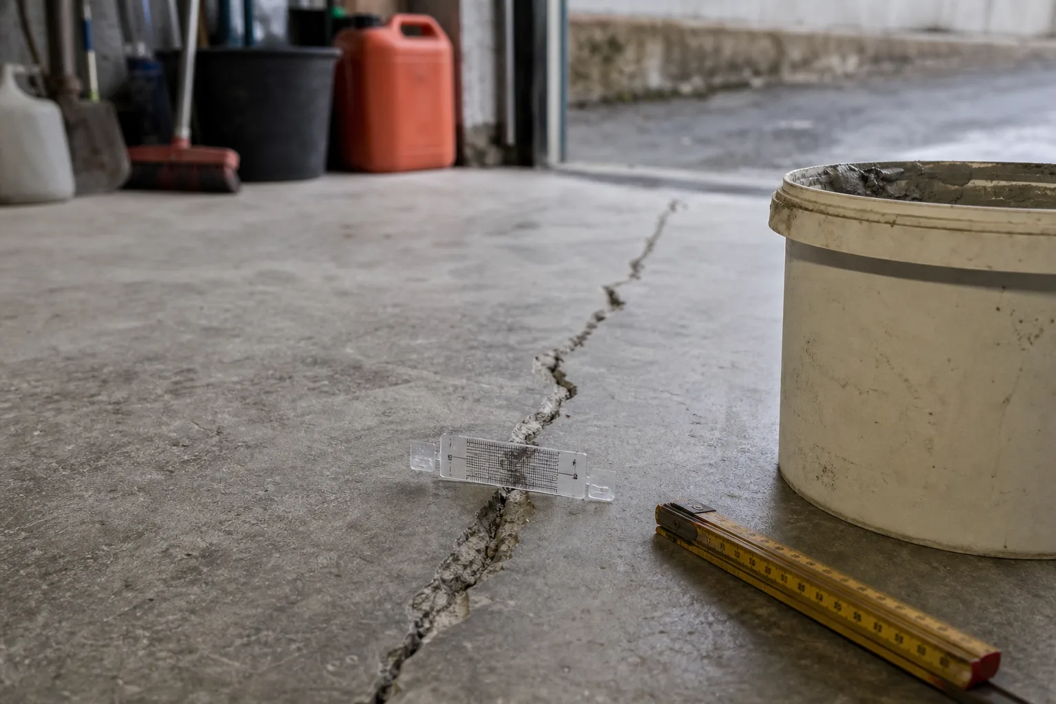 Ett bilat hål i ett garagegolv med frilagd, frisk betong runt kanten