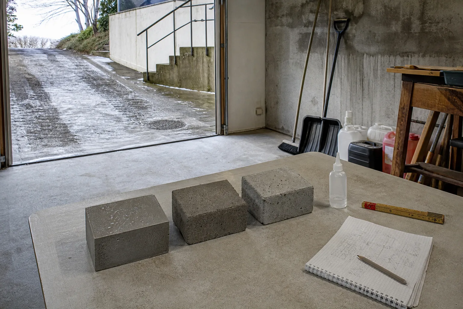 Betongprover, vatten och tumstock på ett arbetsbord