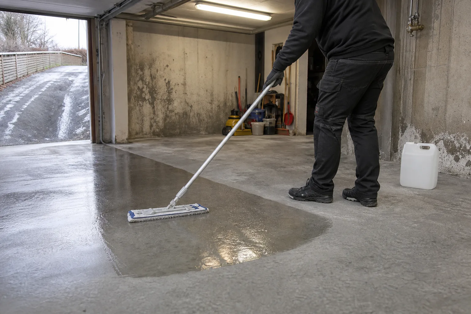 Härdare moppas ut över slipat betonggolv