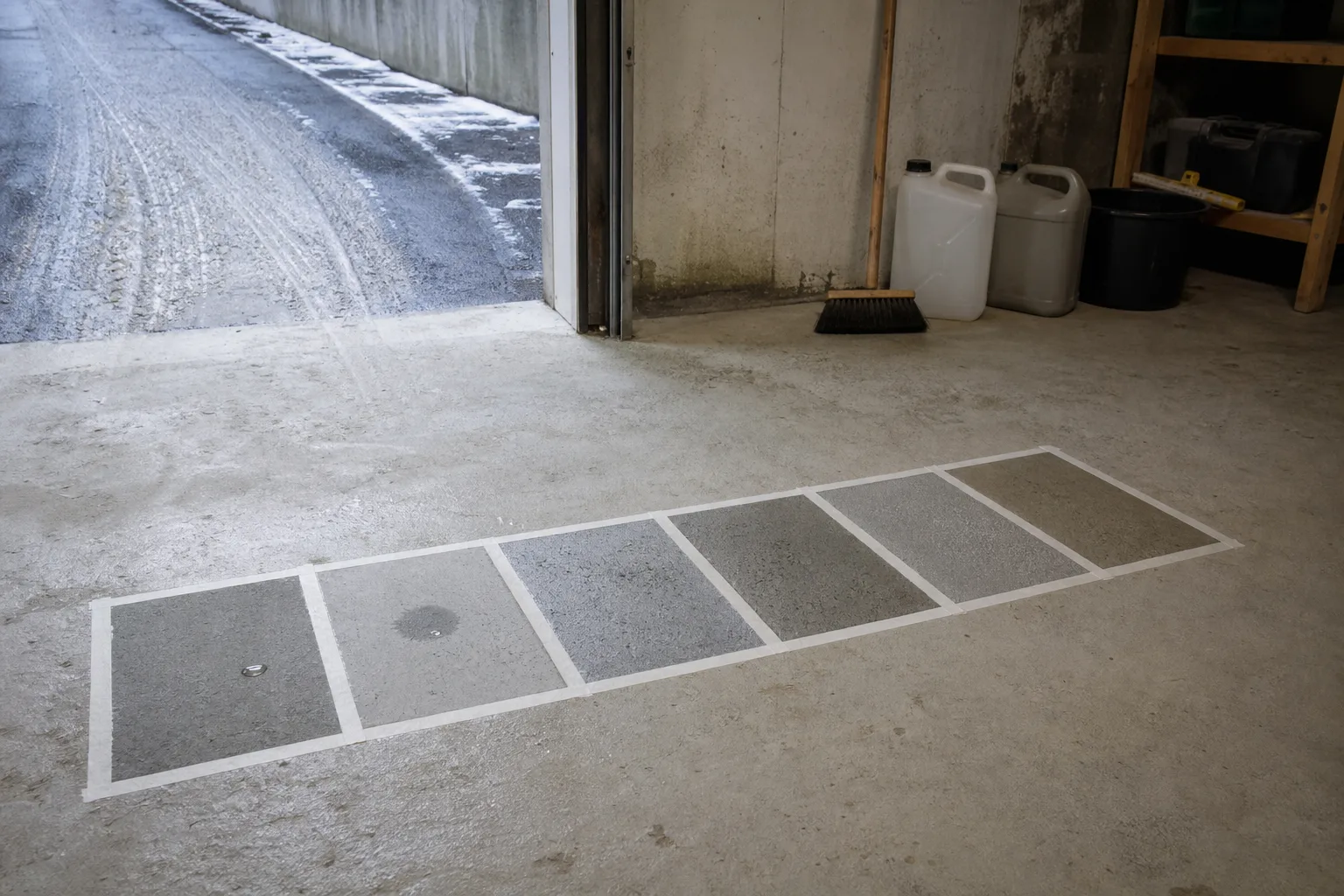 Rad av provytor på betonggolv med vattendroppar