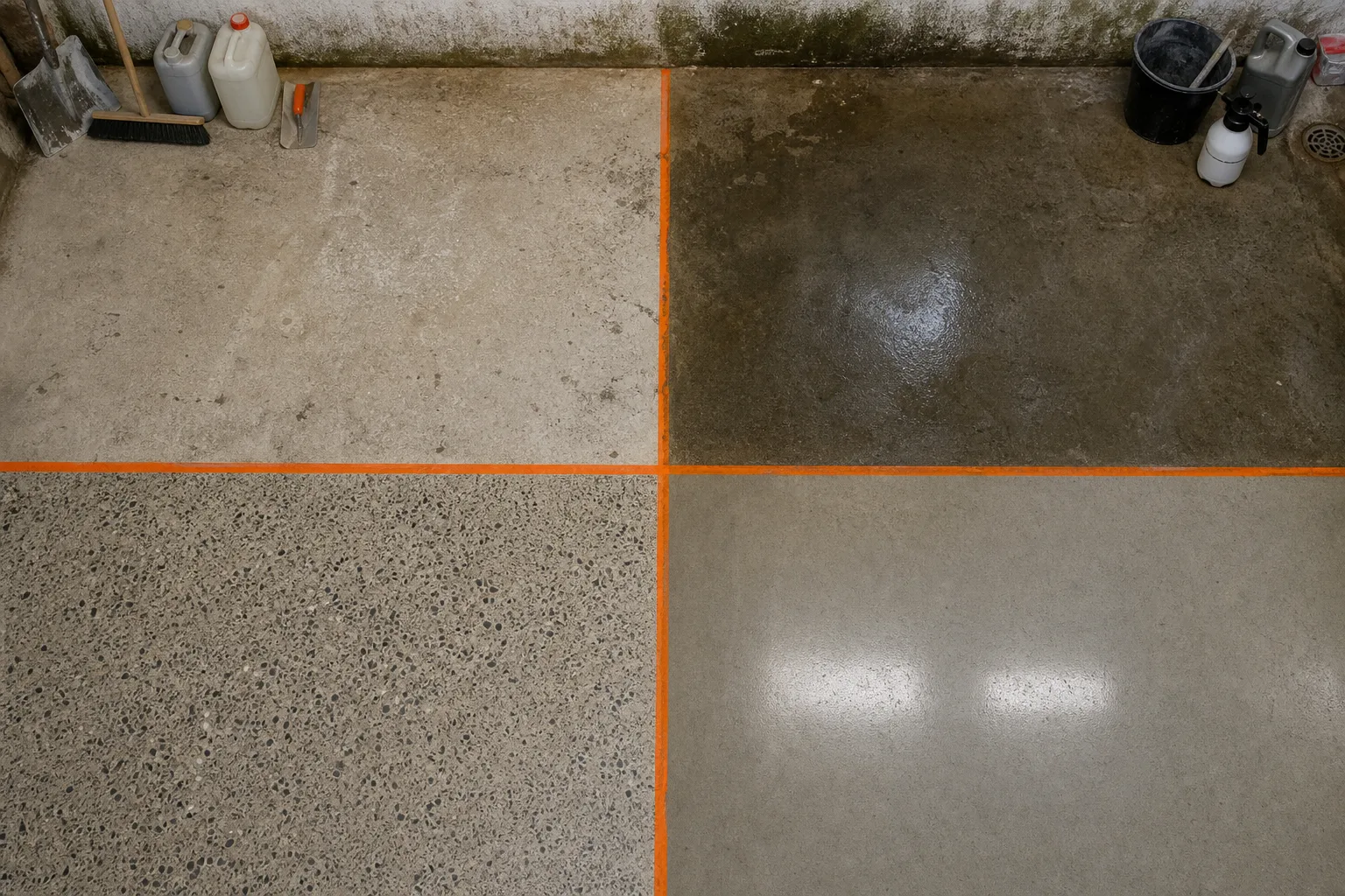 Betonggolv indelat i rutor med orange markeringsspray