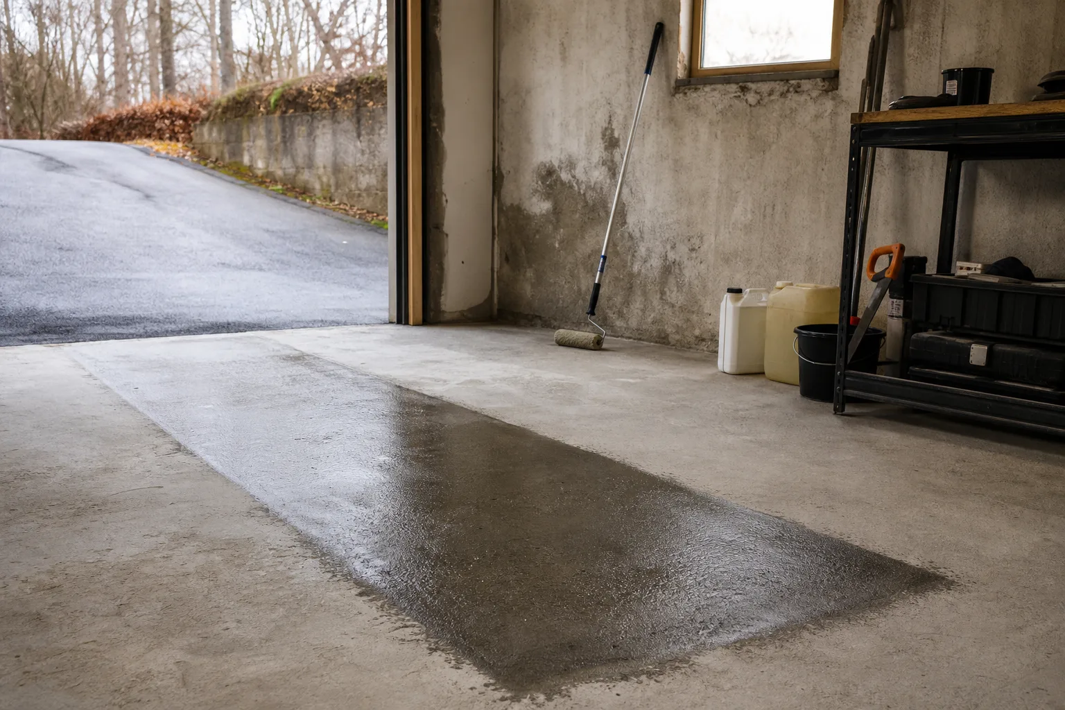 Provyta på ett betonggolv där en behandlad kvadratmeter syns bredvid obehandlad betong